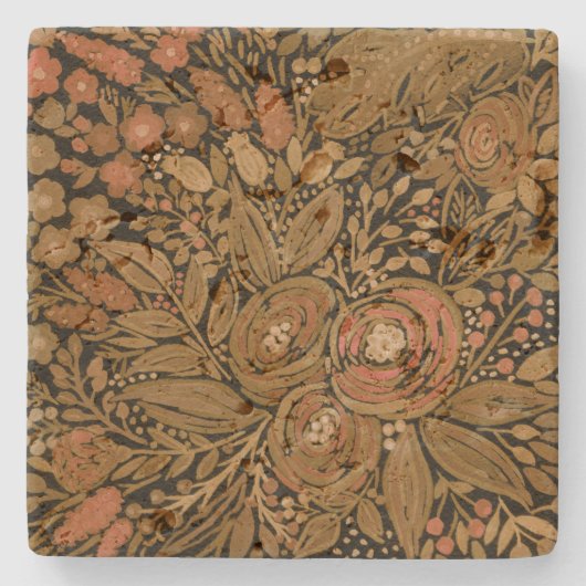 水色，黒茶色のフローラ，パターン黒 ストーンコースター (正面)