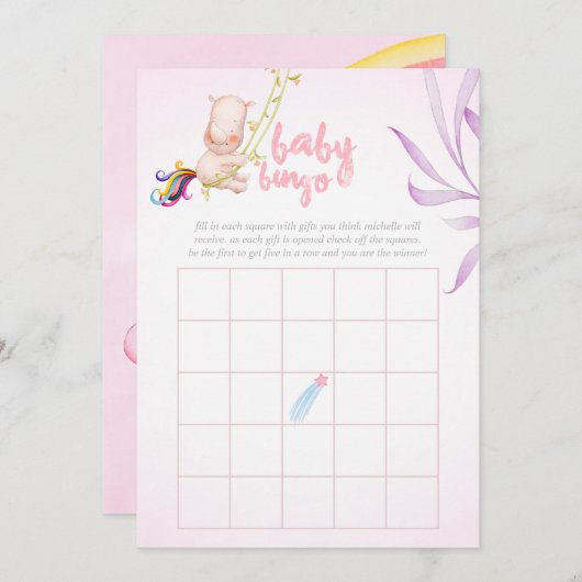 水色Rhino Unicornベビーガールシャワービンゴ 招待状 (正面/裏面)