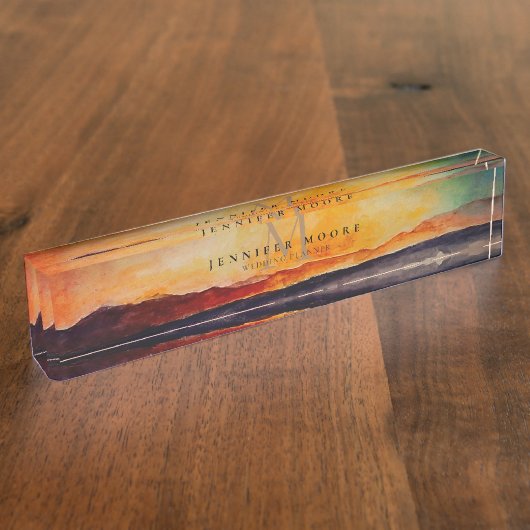 水芸術的色の山の風景モノグラムの デスクネームプレート (側面)