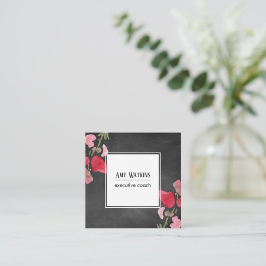 水芸術的色の花チョークボード背景 スクエア名刺 (スタンド正面)