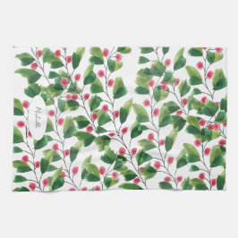 水芸術的色の赤と緑のベリーブランチ キッチンタオル