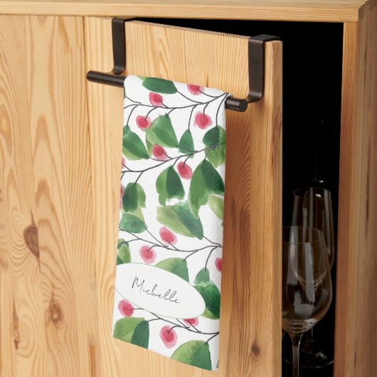 水芸術的色の赤と緑のベリーブランチ キッチンタオル (三つ折り)
