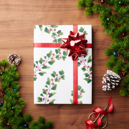 水芸術的色の赤と緑のベリーブランチ ラッピングペーパー (クリスマスギフト)