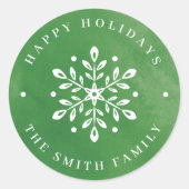 水芸術的色スノーフレーク緑のクリスマス ラウンドシール (正面)