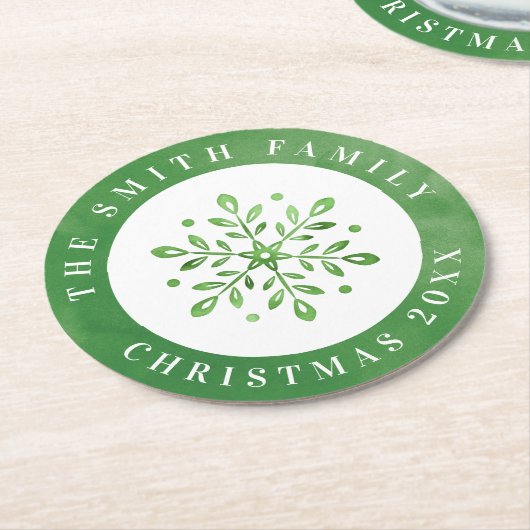 水芸術的色スノーフレーク緑のクリスマス ラウンドペーパーコースター (アングル)