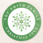 水芸術的色スノーフレーク緑のクリスマス ラウンドペーパーコースター (正面)