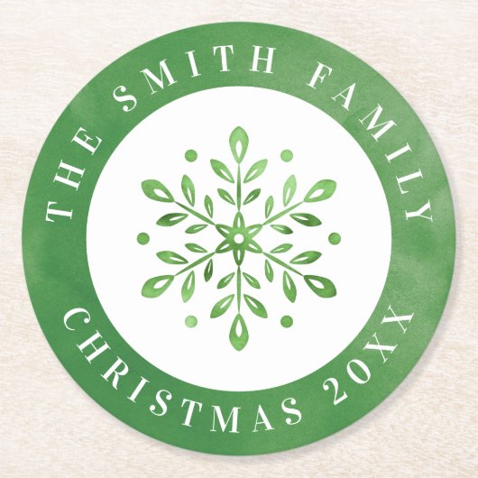 水芸術的色スノーフレーク緑のクリスマス ラウンドペーパーコースター (正面)