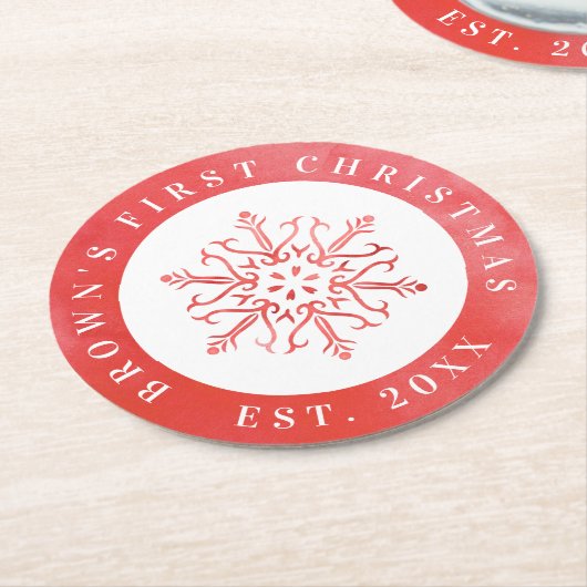 水芸術的色スノーフレーク赤クリスマス ラウンドペーパーコースター (アングル)