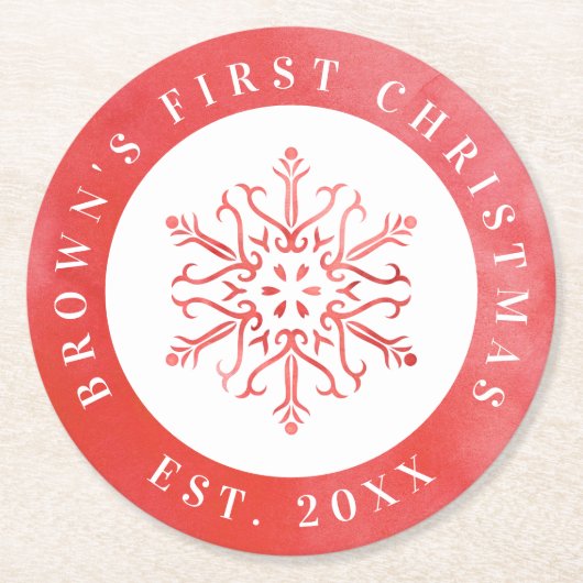 水芸術的色スノーフレーク赤クリスマス ラウンドペーパーコースター (正面)