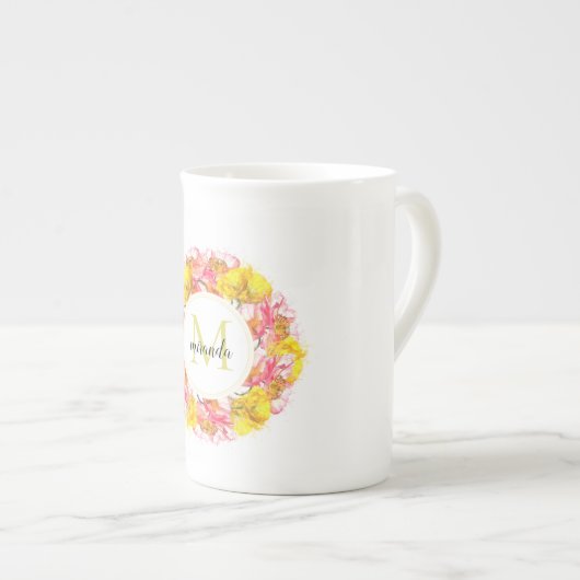 水芸術的色ポピーリースモノグラム ボーンチャイナマグカップ (正面右)