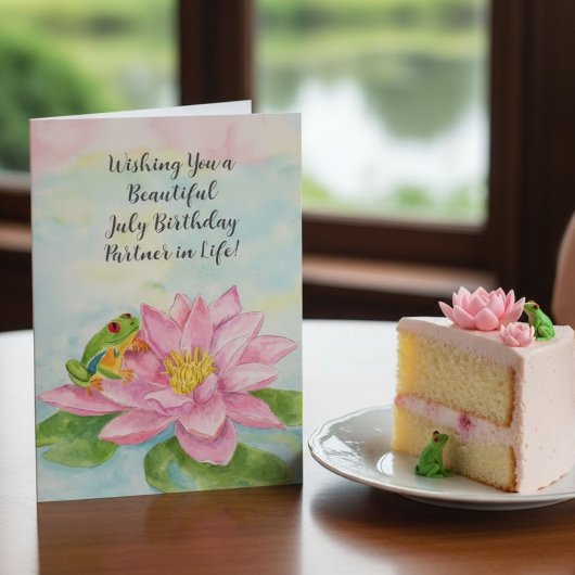 水蓮とともに幸せな七月誕生日をライフパートナーへ カード
