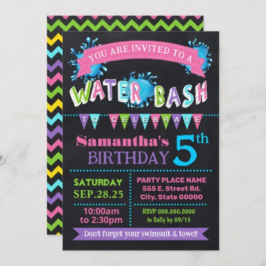 水誕生日バッシュサマーパーティーシャルボードピンク 招待状 (正面/裏面)