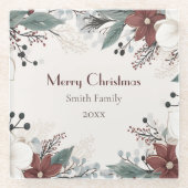 水赤と白色フローラクリスマス ガラスコースター (正面)