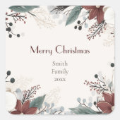 水赤と白色フローラクリスマス スクエアシール (正面)