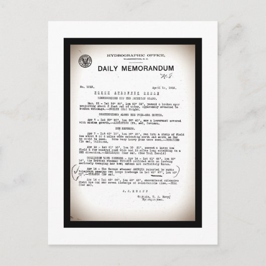 水路部からのタイタニック号災害に関する覚書 ポストカード (正面)