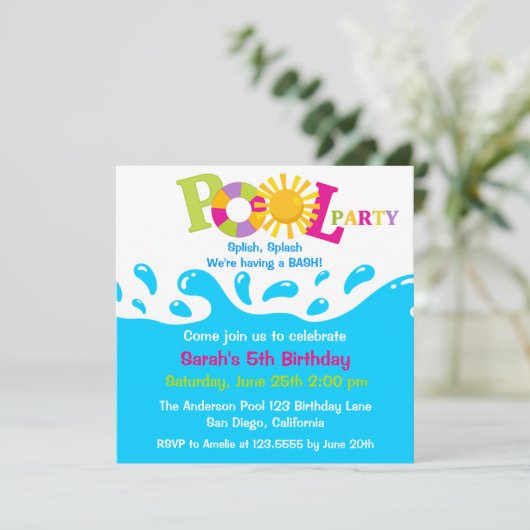 水跳ねガールプールパーティー誕生日招待状 招待状 (スタンド正面)