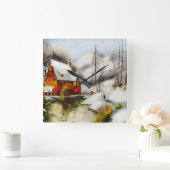 水車の雪景色 スクエア壁時計 (ホーム)