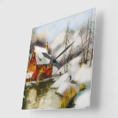 水車の雪景色 スクエア壁時計 (傾斜)