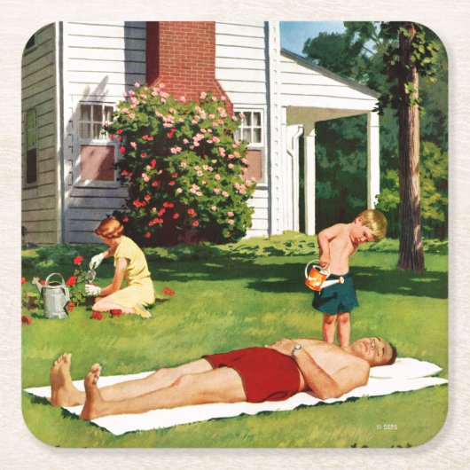 水遊びの父親 スクエアペーパーコースター (正面)