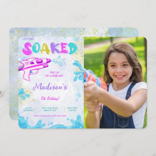 水鉄砲の誕生日写真招待状 招待状 (正面/裏面)