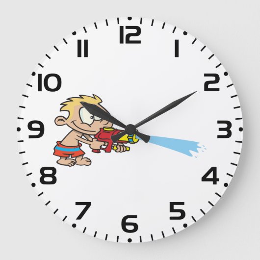 水鉄砲を持つ少年の夏のおもしろい ラージ壁時計 (正面)