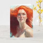 水面から現れるゴージャスな赤毛 カード (黄色い花)