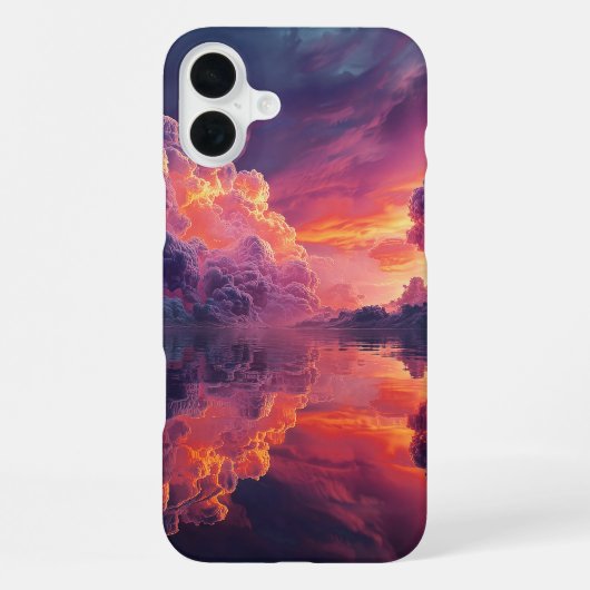 水面に映る超現実的な夕焼けの雲 iPhoneケース (裏面)