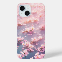 水面に浮かぶピンクの儚い桜の花 iPhone 15ケース
