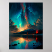 水面に浮かぶ劇的な空と青い空の夕日 ポスター (正面)