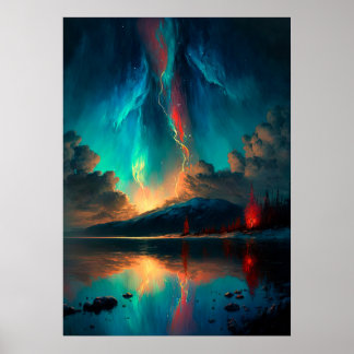 水面に浮かぶ劇的な空と青い空の夕日 ポスター