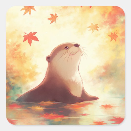 水面に舞い落ちる紅葉とカワウソ スクエアシール (正面)