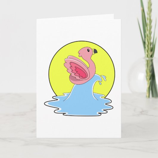 水面をサーフィンするフラミンゴ カード (正面)