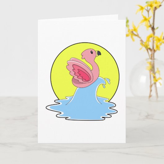 水面をサーフィンするフラミンゴ カード (黄色い花)