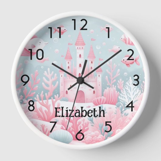 水面下の海の魚のピンクの青い城魚ファンタジー 壁時計 (正面)