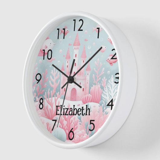 水面下の海の魚のピンクの青い城魚ファンタジー 壁時計 (傾斜)