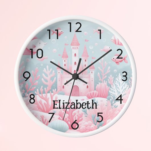 水面下の海の魚のピンクの青い城魚ファンタジー 壁時計