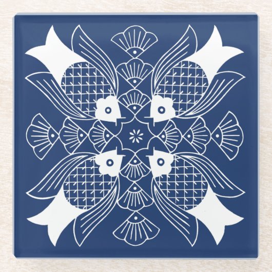 水面下の魚デザイン（青） ガラスコースター (正面)