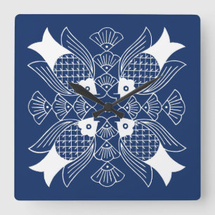 水面下の魚デザイン(青) スクエア壁時計