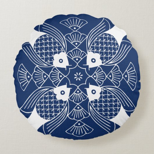 水面下の魚デザイン(青) ラウンドクッション (正面)