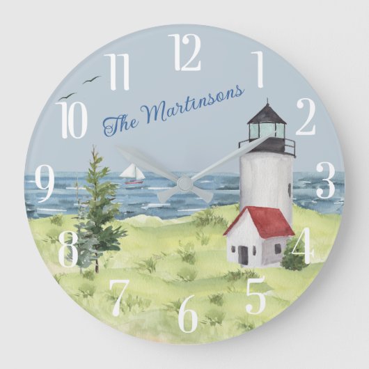 水魅力的色ライトハウスコースタルシーン名 ラージ壁時計 (正面)