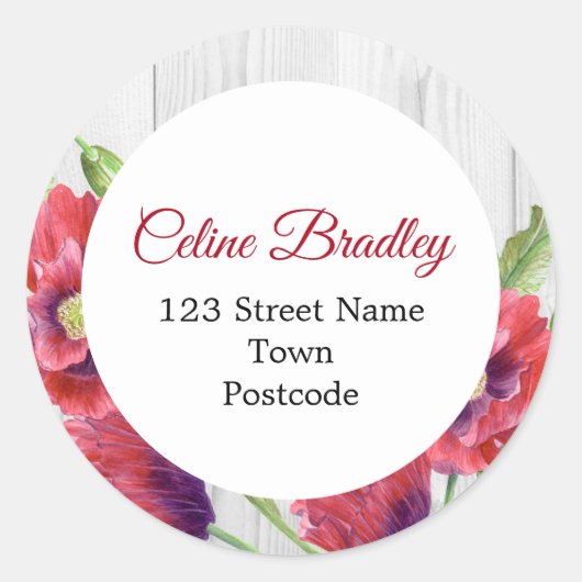 水鮮やか色の赤いポピーのアドレ素朴ス ラウンドシール (正面)