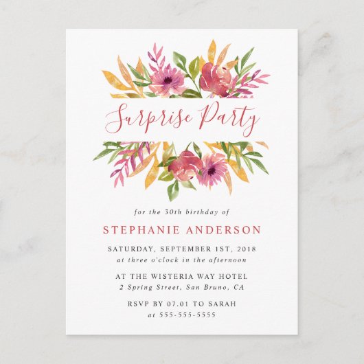水鮮やか色フローラサプライズ誕生日パーティー インビテーションポストカード (正面)