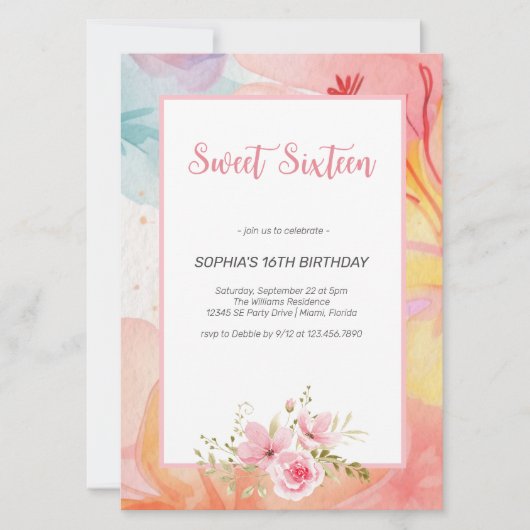 水鮮やか色フローラSweet sixteen誕生日 招待状 (正面)