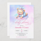 水鮮やか色ホットピンク紫のベビークマ女の子 招待状 (正面/裏面)