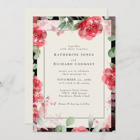 水鮮やか色レッド&赤面フローラ結婚ズ 招待状 (正面/裏面)