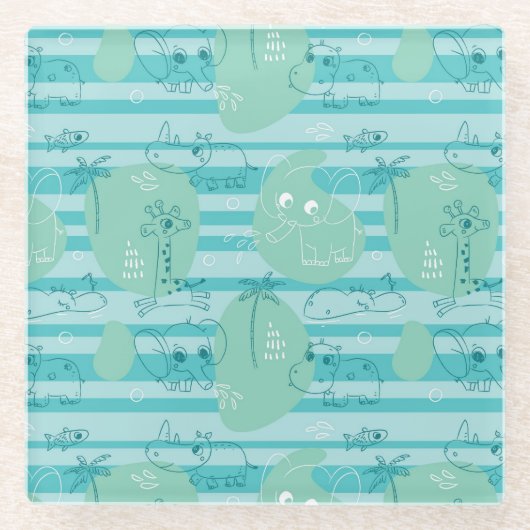 水1と遊んでいるかわいい動物 ガラスコースター (正面)