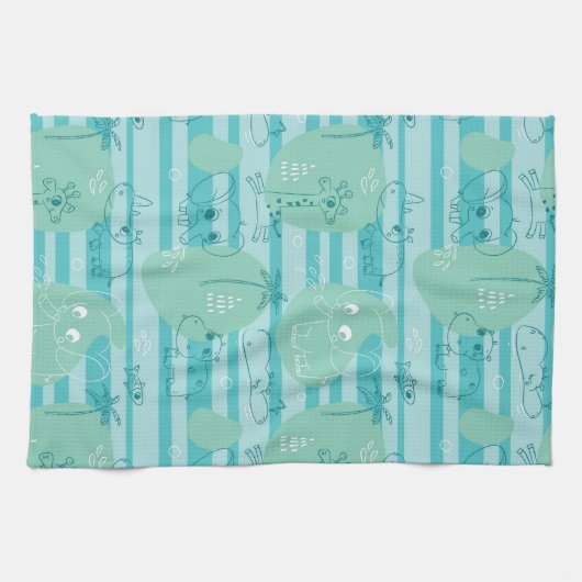 水1と遊んでいるかわいい動物 キッチンタオル (横)