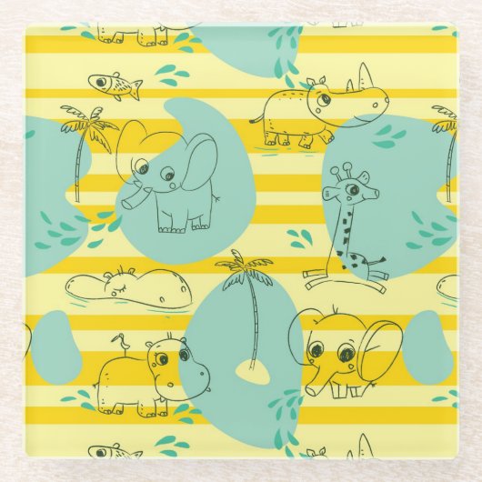 水2と遊んでいるかわいい動物 ガラスコースター (正面)