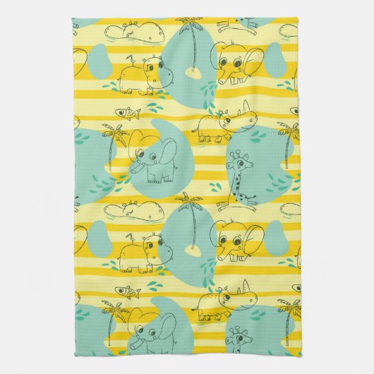 水2と遊んでいるかわいい動物 キッチンタオル (縦)