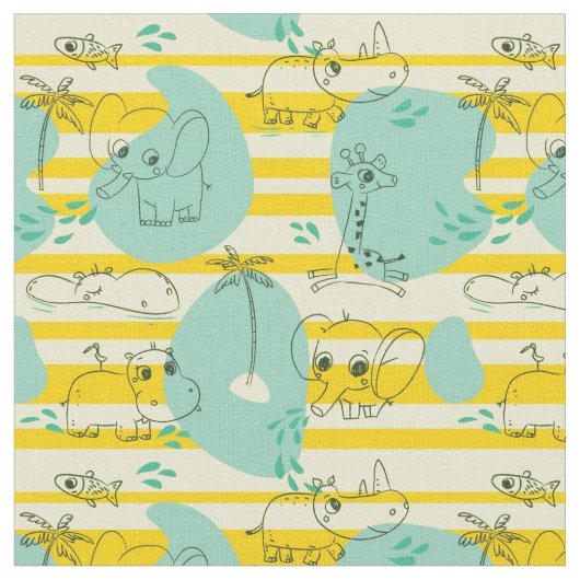 水2と遊んでいるかわいい動物 ファブリック (クローズアップ)